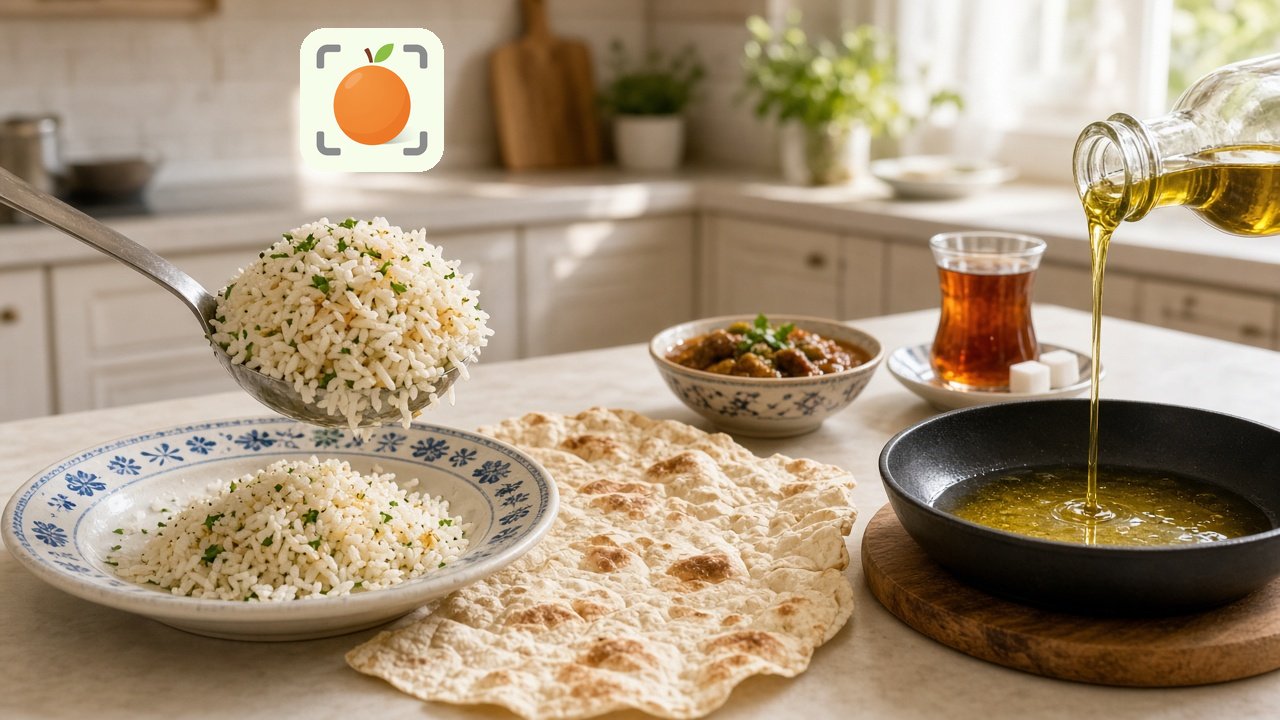 کفگیر برنج، نان لواش و روغن در آشپزخانه؛ جاهایی که تخمین کالری اشتباه می‌شود