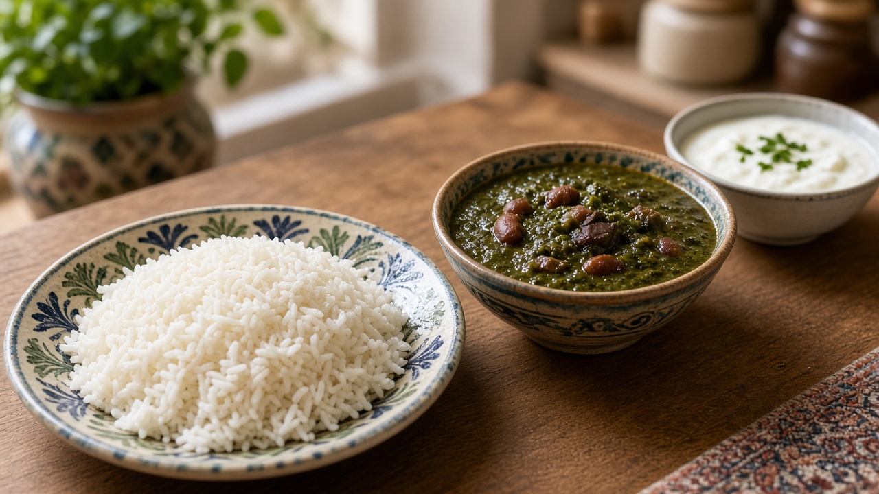 ناهار ایرانی خانگی: برنج، خورش قورمه‌سبزی و ماست روی میز چوبی