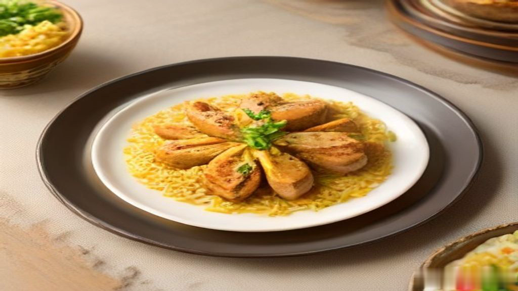 Iranian joojeh kebab saffron chicken with rice on a plate, home table, no text
