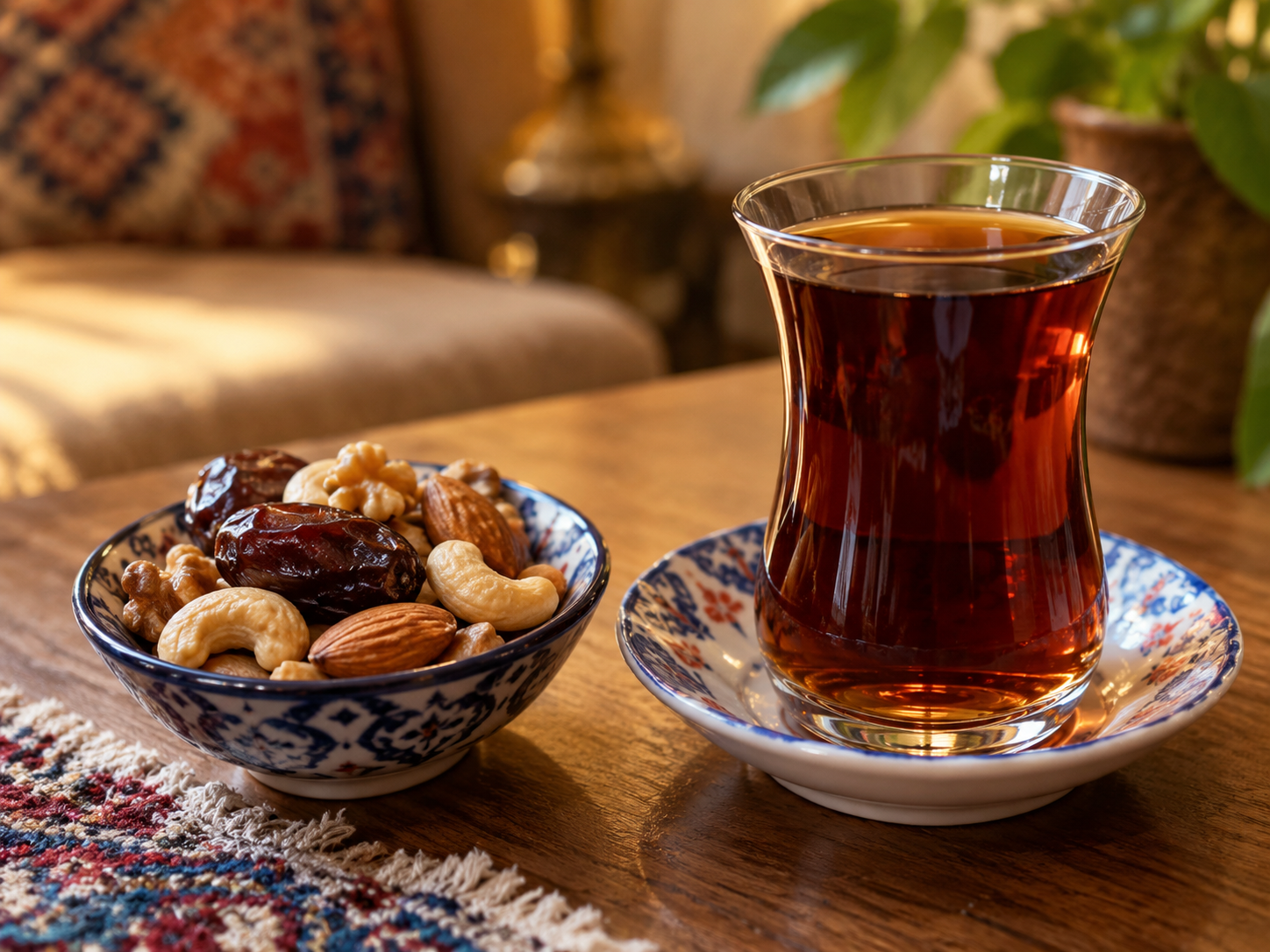 آجیل یا خرما کنار فنجان چای ایرانی