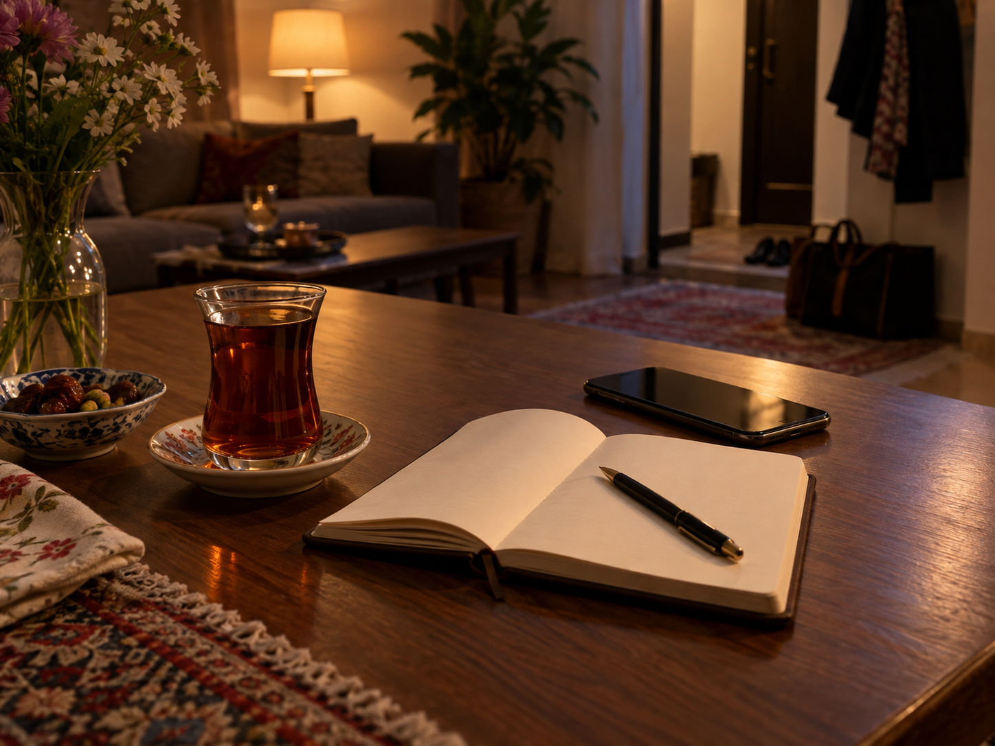 گوشی یا دفترچه کنار چای بعد از مهمانی برای ثبت تقریبی