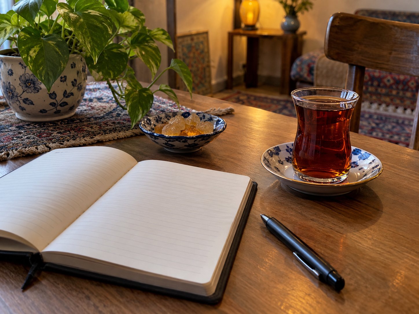 دفترچه یا گوشی کنار چای برای از سر گرفتن ثبت وعده