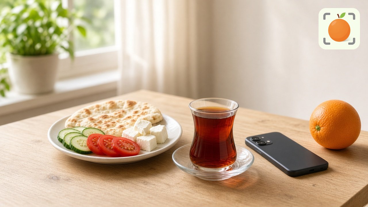 صبحانهٔ ساده نان و پنیر و چای کنار گوشی برای از سر گرفتن ثبت کالری